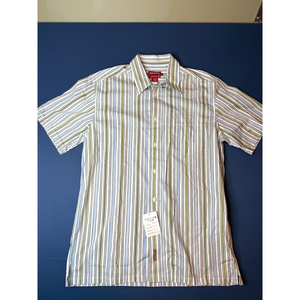 Vintage 2005 Chaps Denim Striped Short Sleeve Button Up Shirt Men's M NWT